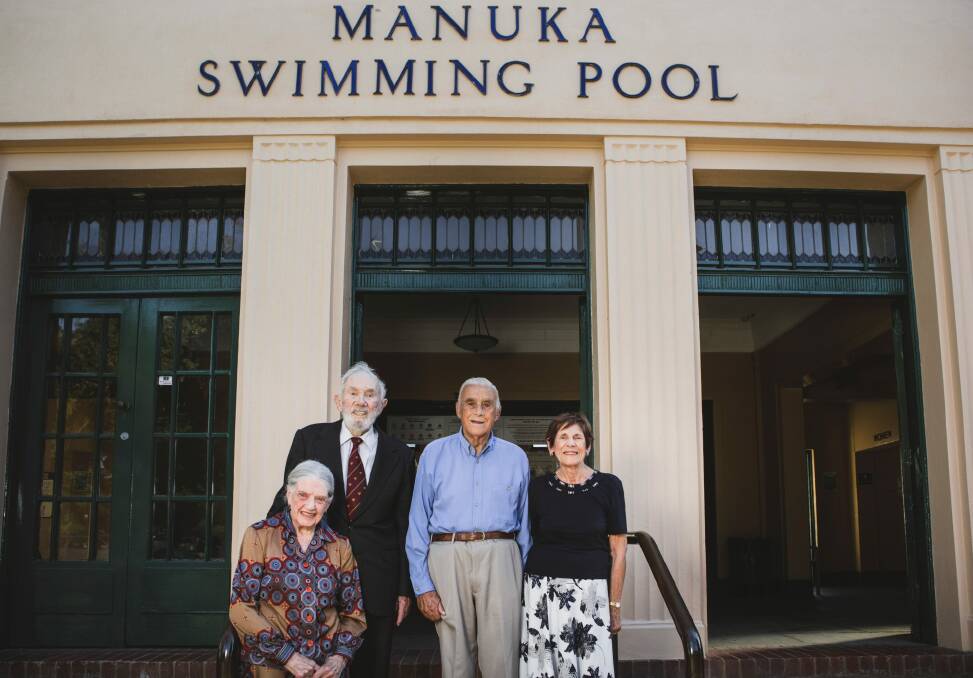 Honour Role unveiling at Manuka Pool. From left, Merv Knowles and his wife Beth, and Barry Browning and his siter Judy Stevenson.  Photo: Jamila Toderas