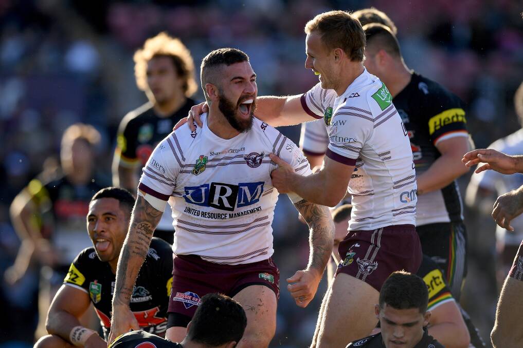 Throw out the form guide: Joel Thompson celebrates with Daly Cherry-Evans after scoring against the Panthers during their upset win. Photo: AAP