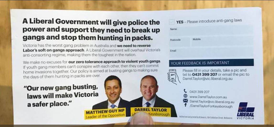 The Liberal Party flyer by Keysborough candidate Darrel Taylor.  Photo: Twitter