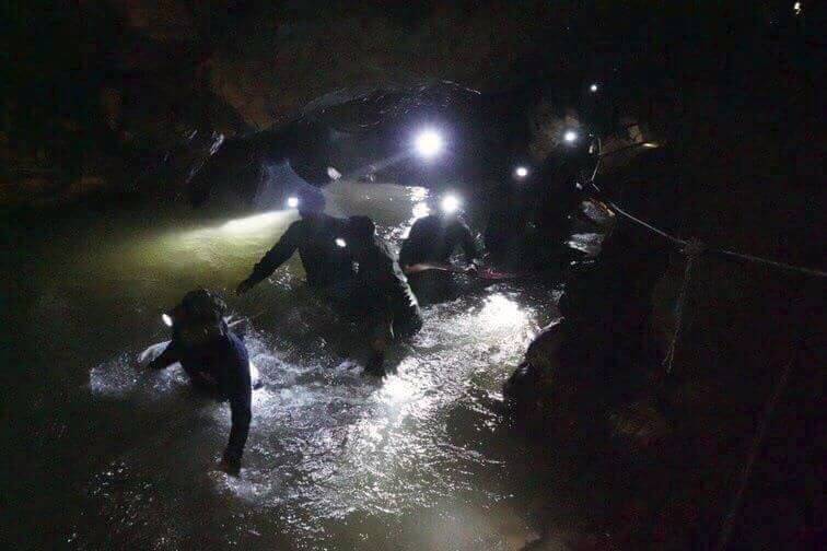 Thai rescue teams head deep inside the Tham Luang cave complex looking for the missing Wild Boars players and their coach. Photo: AAP