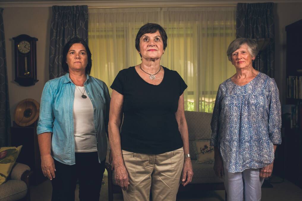 Paul Fennessy's mother Ann Finlay, Rosslyn Williams, and Eunice Jolliffe, have been through inquests calling for reform and resources for the ACT's coronial system. Photo: Jamila Toderas