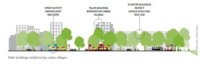 A government discussion document which envisages unspecified "taller heights" on Northbourne Avenue. The scale does not suggest 50 metres.