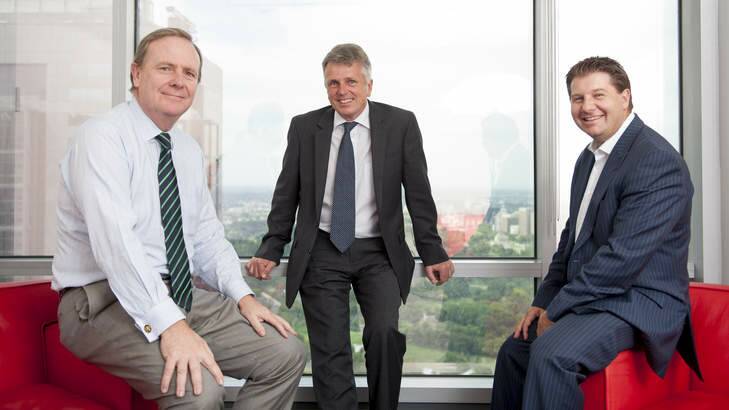 ECG Advisory Solutions, from left, Dave Gazard, Peter Costello and Jonathan Epstein at their Melbourne office. Photo: Jesse Marlow