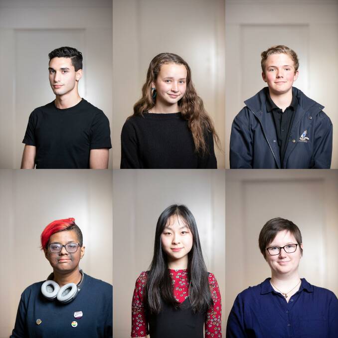 Six young Canberrans on six controversial issues. From left, Rohan Rodrigues Macias, Kari Gilbert, Oliver Russel, Al Azmi, Selina Li and Clara McArthur. Photo: Sitthixay Ditthavong