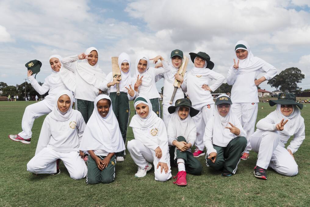 World game: The junior cricket team from Malek Fahd Islamic School, Greenacre. Photo: James Brickwood