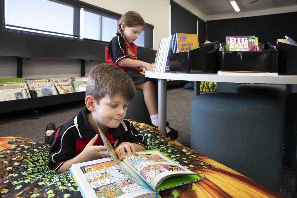 Three-year-old twins Saxon and Scout Phillips from Casey check out the library at the new Margaret Hendry school, where they will start as pre-schoolers this week.  Photo: Sitthixay Ditthavong