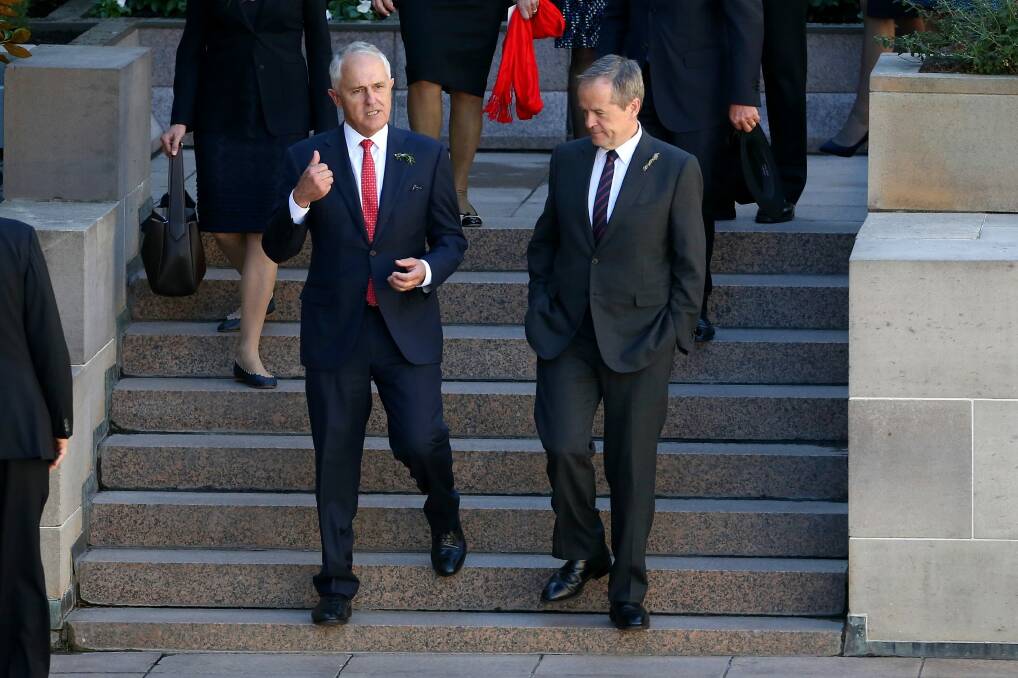 Prime Minister Malcolm Turnbull and Opposition Leader Bill Shorten during the ANZAC Day national service at the Australian War Memorial. Photo: Alex Ellinghausen