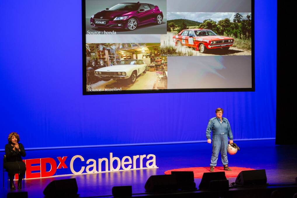 Rally driver Lynda Leigh on stage at TEDx Canberra 2017. Ms Leigh wants Canberrans to 'drive like a girl'. Photo: Jamila Toderas