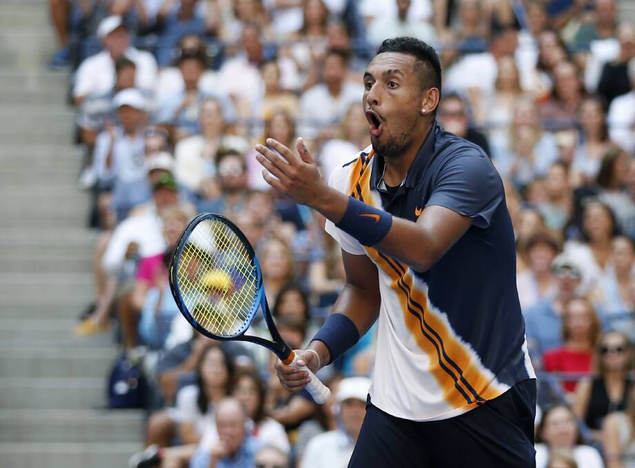 OMG: Nick Kyrgios reacts to Roger Federer's stunning passing shot during their third round clash at the US Open. Photo: AP