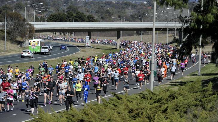 Almost 5000 runners set off this morning for this year's Canberra Times 10km Fun Run. Photo: Jay Cronan