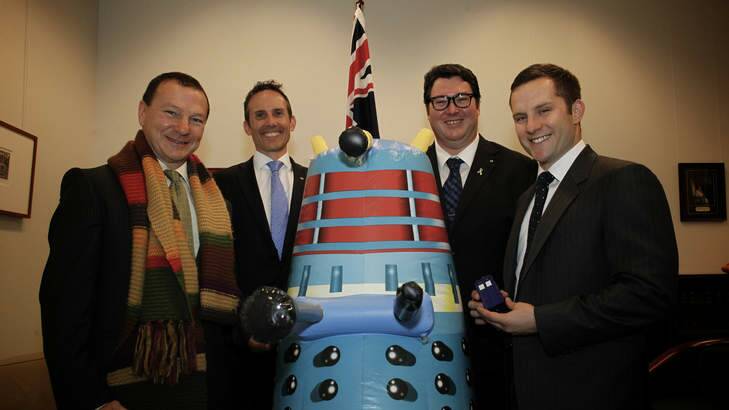 Dr Who tragics and MPs Graham Perrett, Dr Andrew Leigh, George Christensen and Alex Hawke with a blow up Darlek spoke in Parliament on the 50th anniversary of Dr Who. Photo: Andrew Meares