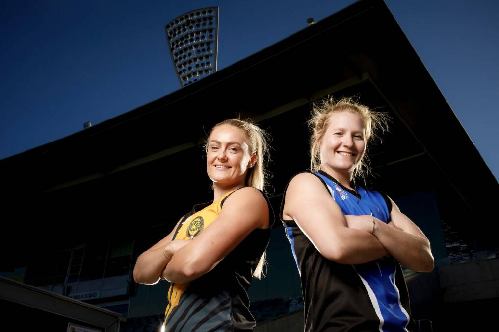 Queanbeyan Tigers' Ella Ross and Gungahlin Jets' Britt Tully were GWS teammates in the AFLW, but will face each other in the AFL Canberra women's grand final. Photo: Sitthixay Ditthavong