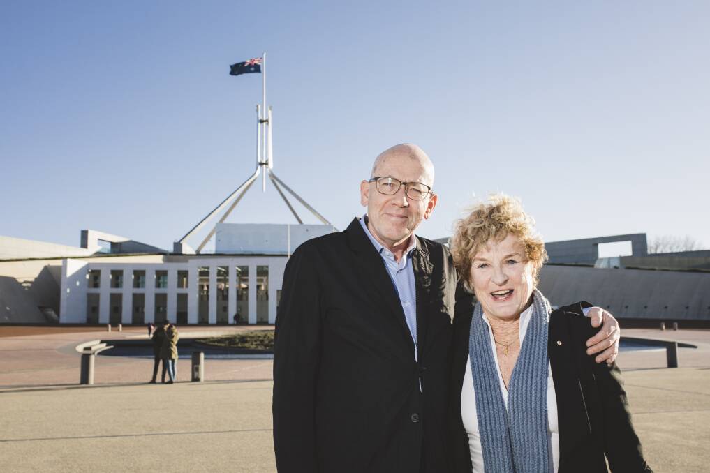 Authors Morris Gleitzman and Judy Nunn are Australian  Reading Hour ambassadors, in Canberra for the launch at Parliament House. Photo: Jamila Toderas