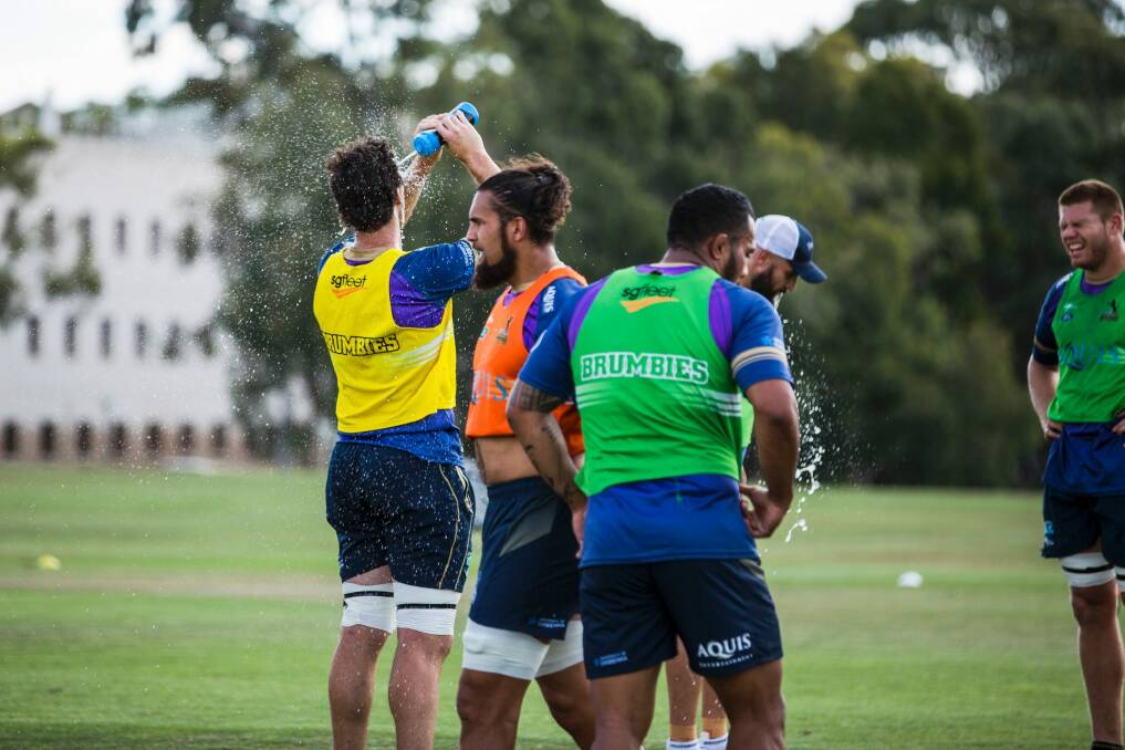 Brumbies players cool off during training on Tuesday afternoon. Photo: Jamila Toderas
