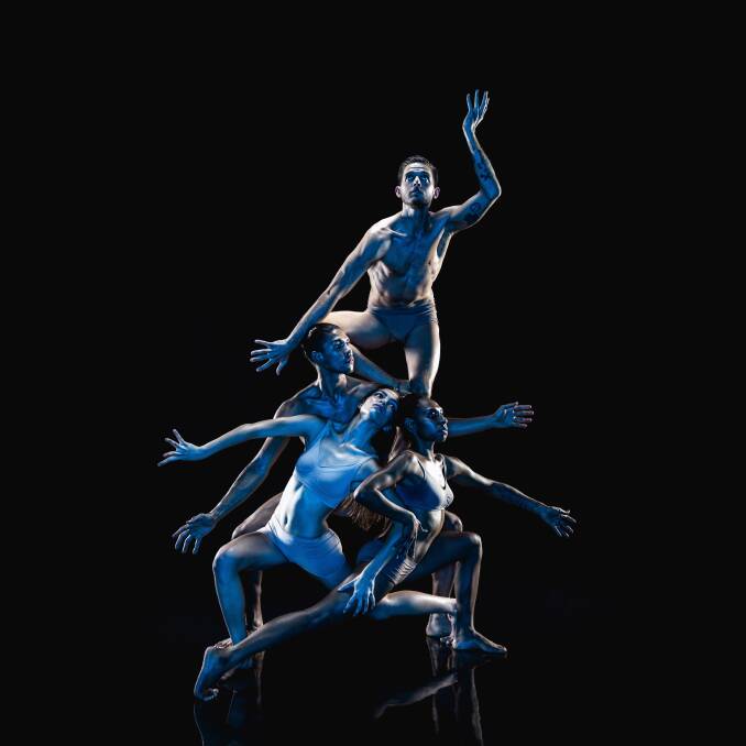 <i>Dark Emu</i>: pictured Daniel Riley (top) and Bangarra Dance Theatre Ensemble. Photo: Daniel Boud