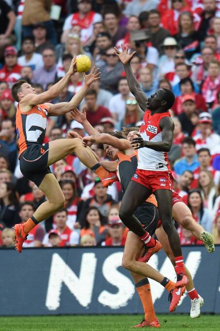 Toby Greene's "studs up" technique - this one from 2016 - has come under scrutiny. Photo: AAP