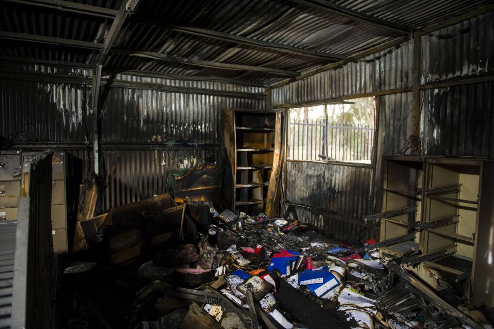 The storage shed at Woden Athletics Park, which was gutted in the alleged arson attack.  Photo: Dion Georgopoulos