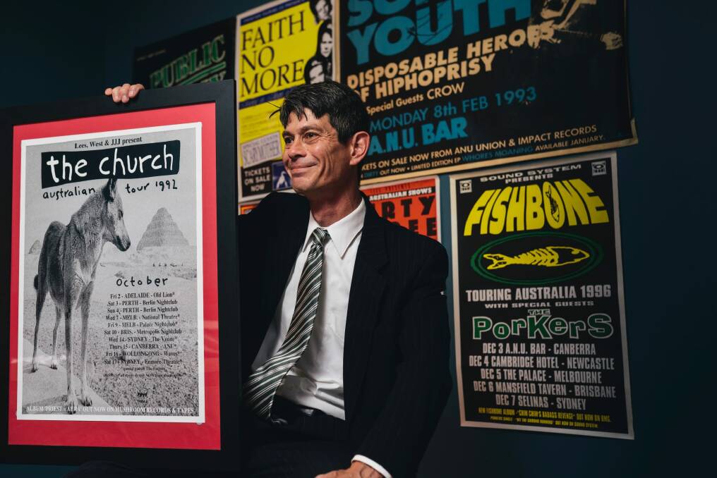 Peter Spicer at home with some of his ANU Refectory band memorabilia from the 1990s. Photo: Rohan Thomson