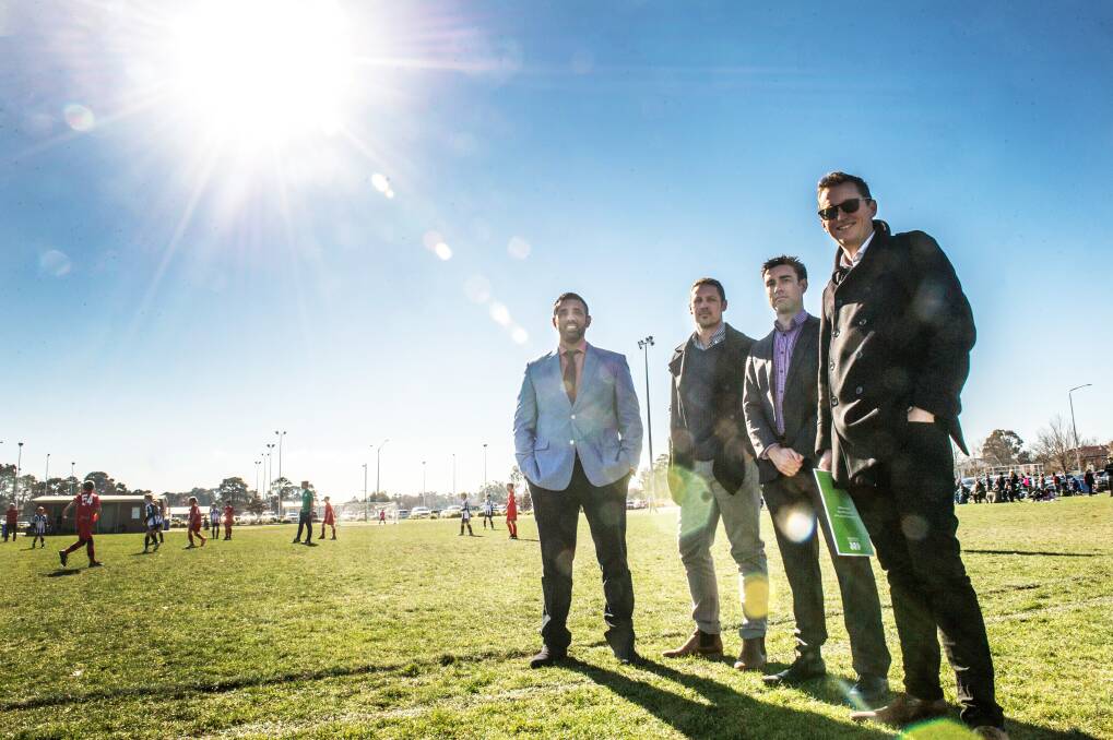 Canberra A-League bid team members Michael Caggiano, Adam Castle, Aaron Walker and Bede Gahan. Photo: Karleen Minney