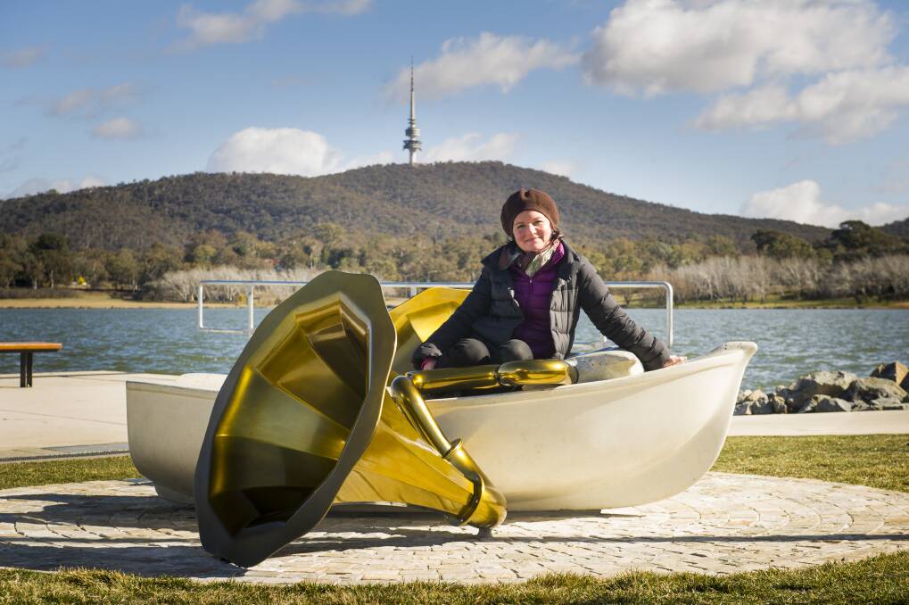 Hanna Hoyne with her new sculpture at West Basin, Crying Dinghy, part of her Cosmic Recharge series.  Photo: Elesa Kurtz
