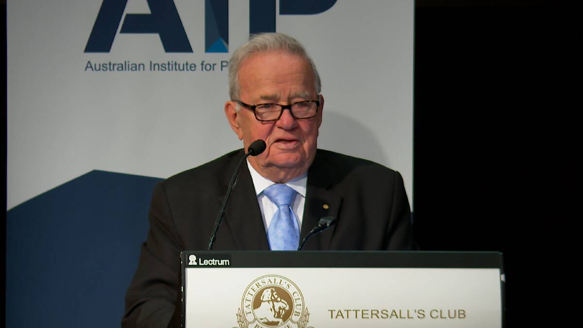 Sir Leo Hielscher delivering the Australian Institute of Progress' Sir Thomas McIlwraith Lecture. Photo: Supplied