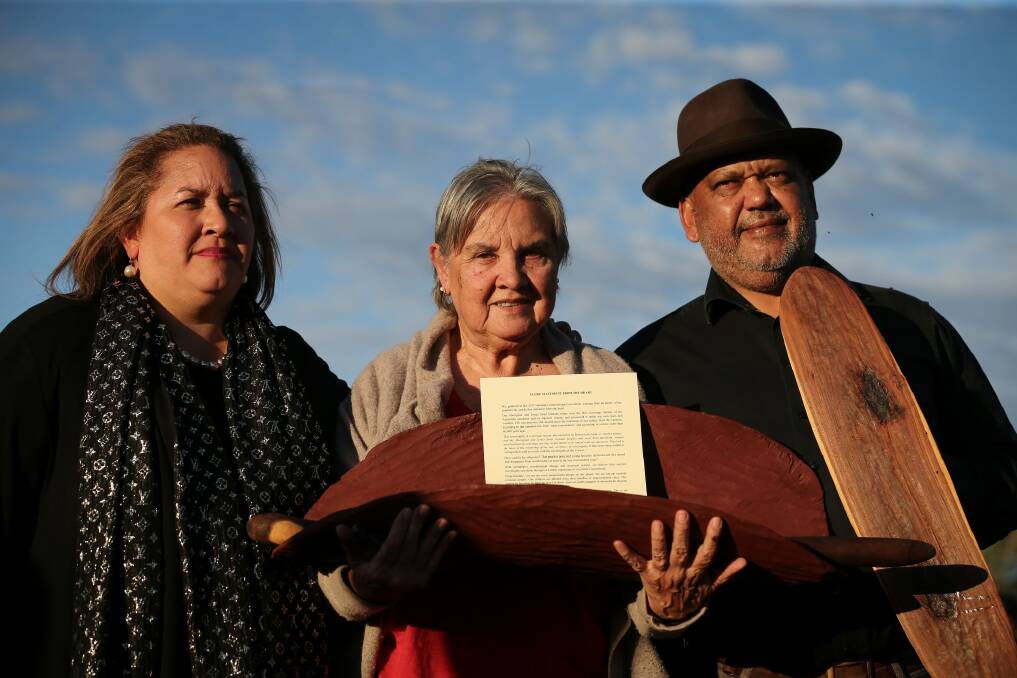 Megan Davis, Pat Anderson from the Referendum Council holding the Uluru statement, and Noel Pearson. Photo: Alex Ellinghausen