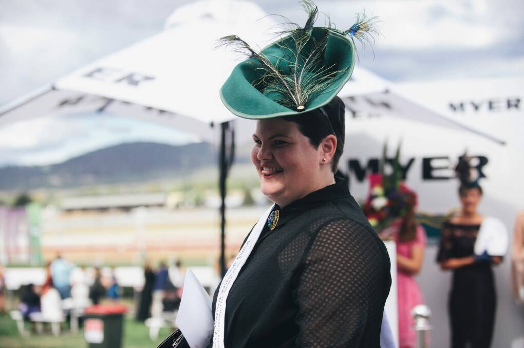 Jenn Lewis of Ngunnawal took out the millinery award with her emerald green fascinator.  Photo: Rohan Thomson