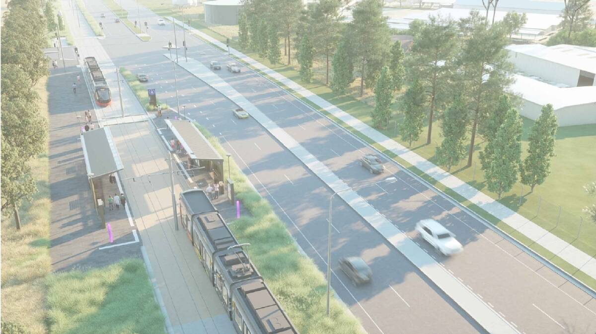 An artist's impression of the planned tram stop at Exhibition Park, which will now be on the side of the road instead of the median strip. Photo: Supplied