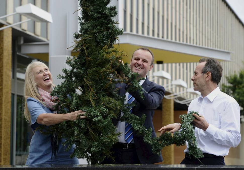 SIDS and Kids chief executive Lisa Ridgley, Chief Minister Andrew
Barr and the man behind Canberra's world record Christmas lights, David Richards, with some of the additional 1.5 kilometres of fir that will be added to Canberra's traditional Christmas tree. Photo: Graham Tidy