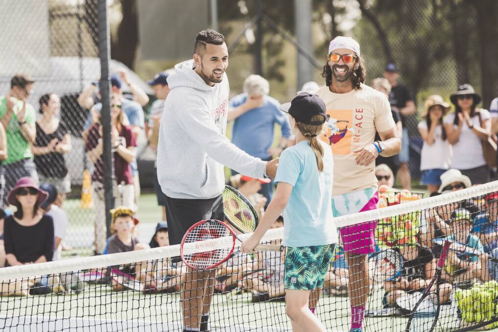 Nick Kyrgios raised more than $5000 for his foundation at a Kaleen tennis day on Saturday. Photo: Jamila Toderas
