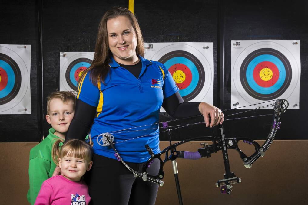 New Australian comound archery champion Louise Redman turned to the sport to overcome post-natal depression after birth of Ainslie and Kynan. Photo: Matt Bedford
