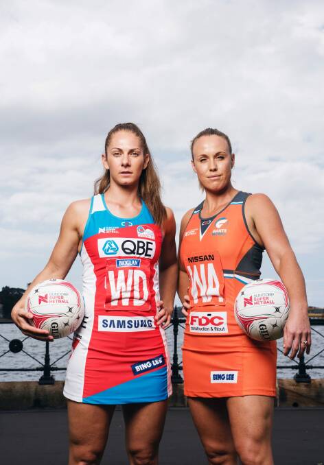 Captain's call: NSW Swifts Abbey McCulloch and Giants Kimberlee Green.  Photo: James Brickwood