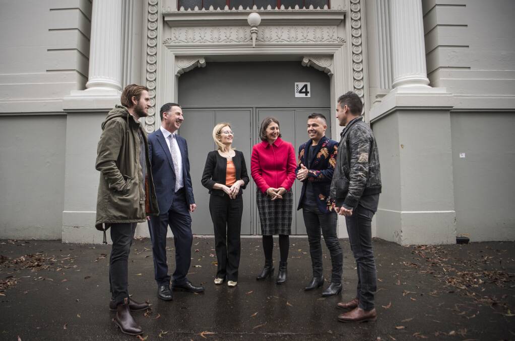 Boy and Bear band member Killian Gavin, Playbill Group managing director Michael Nebenzahl, Local Government Minister Gabrielle Upton, Premier Gladys Berejiklian, musician Anthony Callea and Boy and Bear Band member Dave Symes at the Hordern Pavilion on Friday. Photo: Wolter Peeters