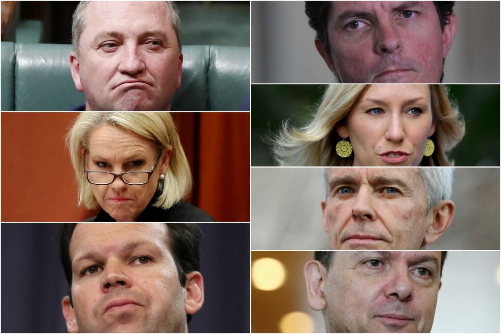 The High Court will consider the eligilbility under Section 44 of the Constition for politicians (anti-clockwise from top left) Barnaby Joyce, Fiona Nash, Matt Canavan, Nick Xenophon, Malcolm Roberts, Larissa Waters and Scott Ludlam. Montage created 9 October 2017. Photo: Fairfax Media