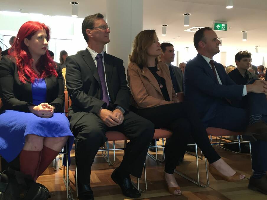 From left, new Labor members Tara Cheyne and Gordon Ramsay, with Labor deputy Yvette Berry and leader Andrew Barr at Wednesday's declaration of the polls. Photo: Kirsten Lawson