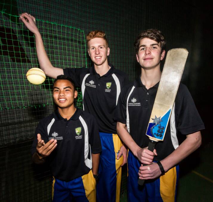 Canberra's Jay Allen, Benji Floros  and Logan Ayers will all play for Australia in the World Indoor Cricket Federation Junior Championships. Photo: Cameron Walter