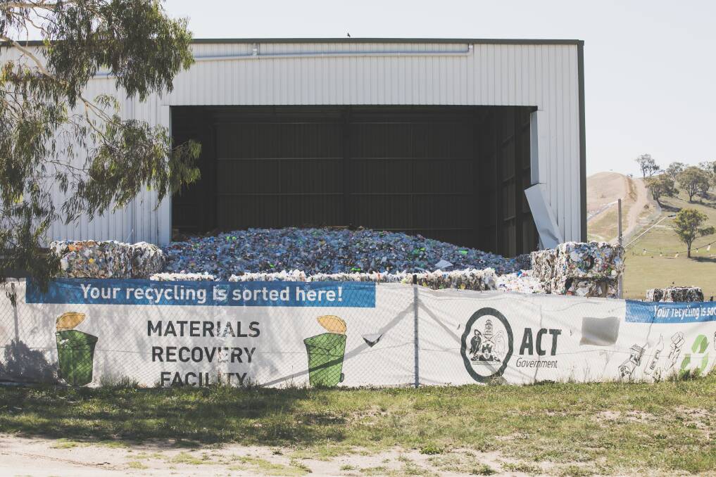 A mountain of plastic was seen overflowing from the Hume recycling facility's doors during the shutdown. Photo: Jamila Toderas
