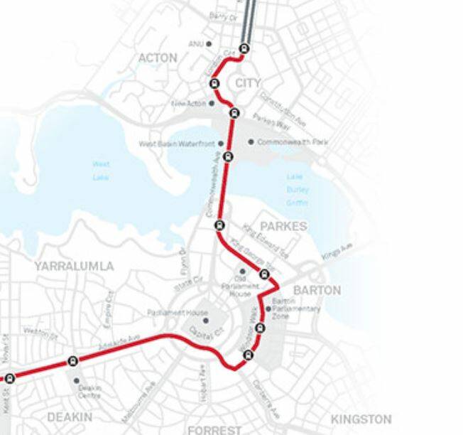 The planned route for light rail stage 2. Photo: Transport Canberra