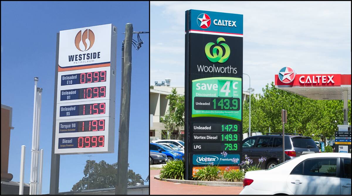Left, a sign advertising fuel prices at an independent service station on the NSW central coast on December 30. On the same day, the average cost of unleaded petrol in Canberra was 147.6¢ per litre. Caltex in Dickson, right, was charging close to the average. Photo: Hector Rodriguez Valdes, Elesa Kurtz