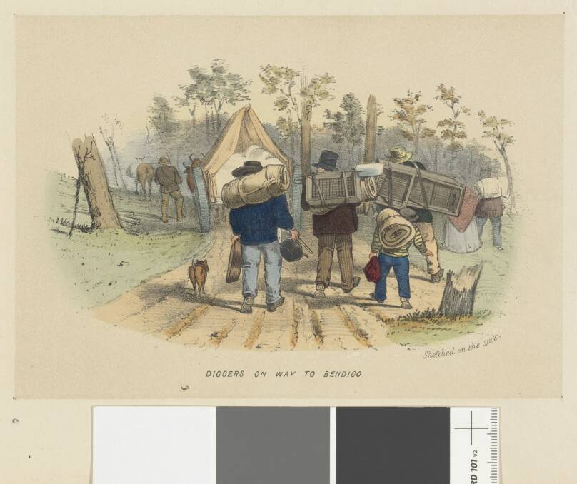 Diggers on the Way to Bendigo, 1852, by S.T. Gill, lithograph, National Library of Australia. Photo: imaging