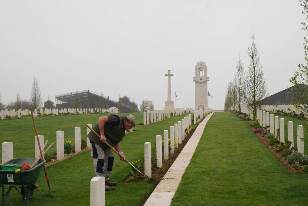 A gardener at the Australian memorial, Sir John Monash Centre, at Villers-Bretonneux in north-eastern France. Photo: Supplied