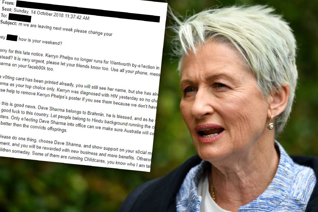 A email claiming Kerryn Phelps had withdrawn from the Wentworth campaign over an HIV diagnosis was sent to hundreds of voters. Photo: Fairfax Media