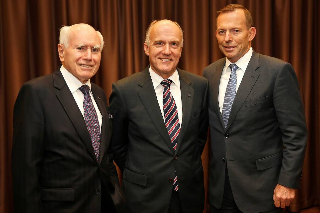 Senator Eric Abetz with former prime minister John Howard and PM Tony Abbott. Photo: Supplied