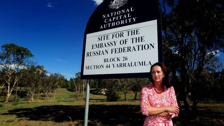 Gai Brodtmann on a vacant block of land reserved for an embassy on Forster Crescent. Photo: Melissa Adams