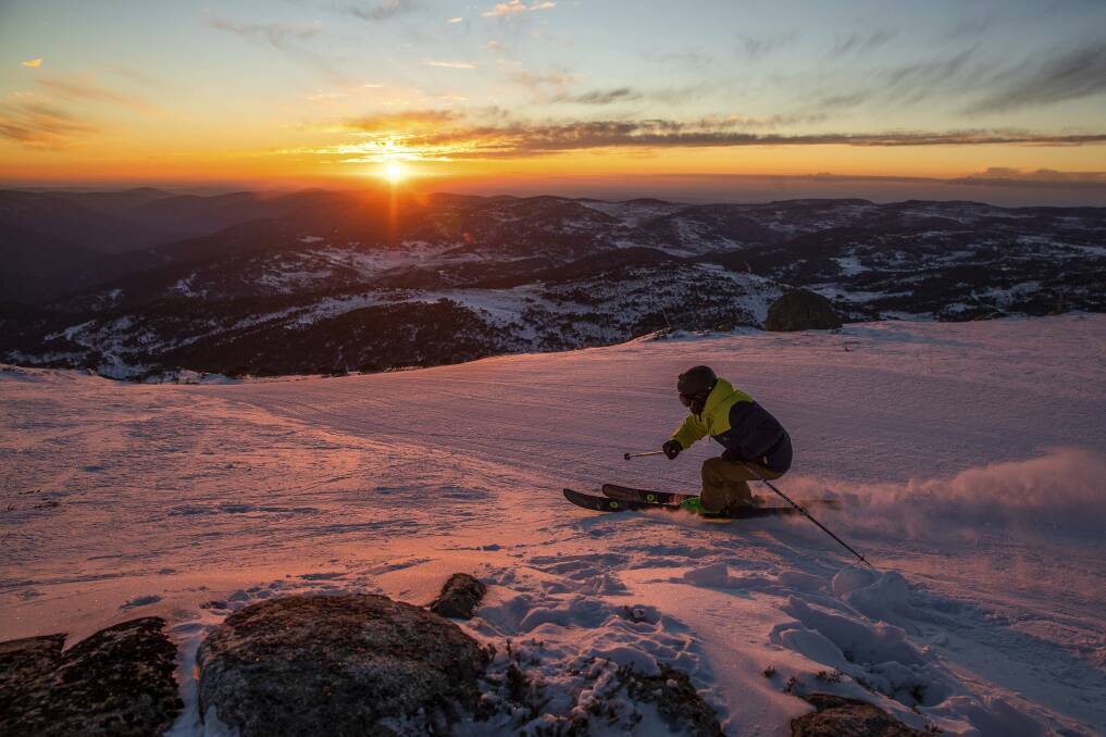 A skier coming down Blue Cow at Perisher, NSW, early in the morning on Thursday. The clear skies and sub-zero temperatures are good news for snowbunnies. Photo: Alex Ellinghausen