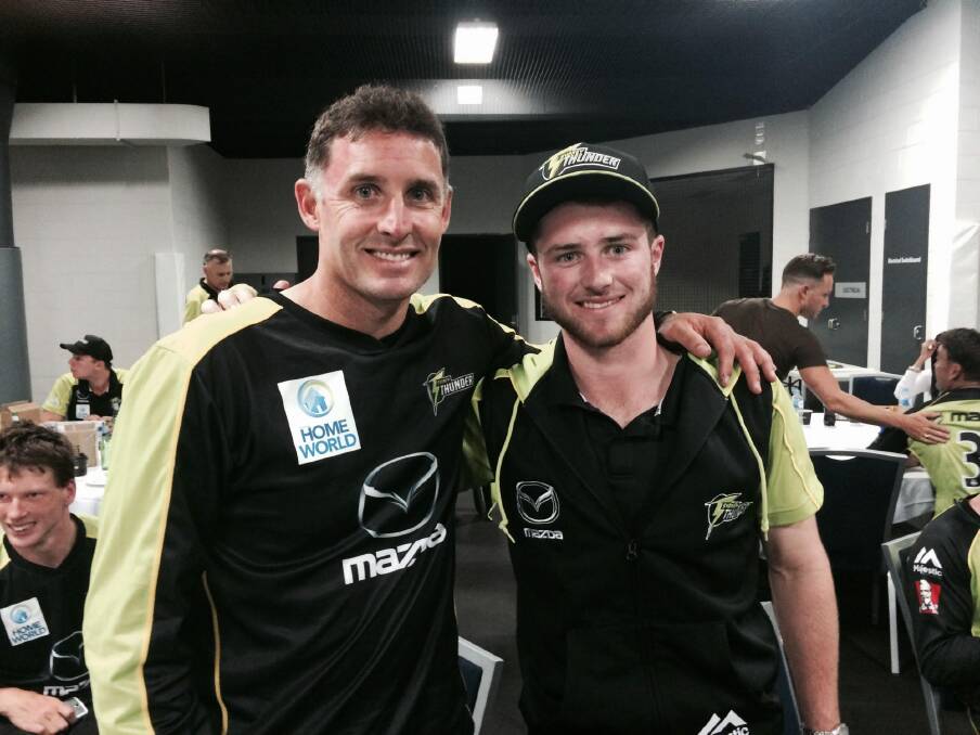 Australian Idol: Cricket ACT junior Mac Wright meets Sydney Thunder star Michael Hussey. Photo: Supplied