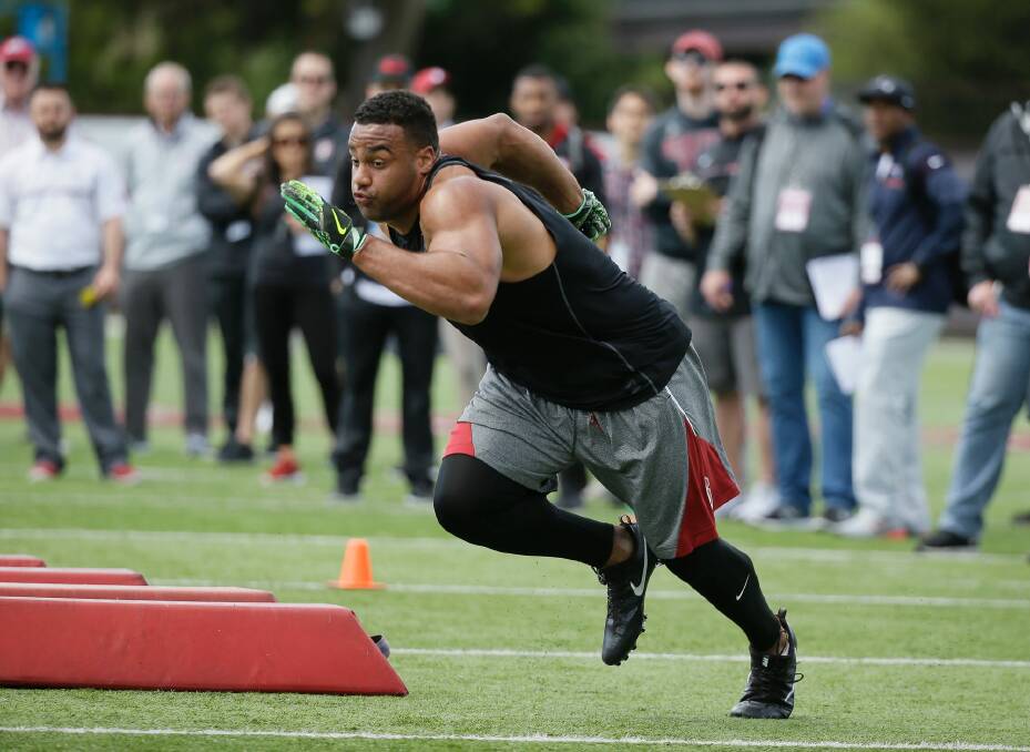 Power: Stanford defensive end Solomon Thomas during his NFL pro day. Photo: AP