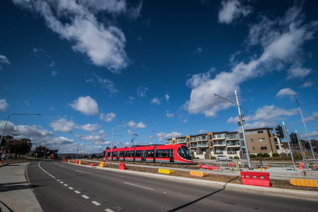 Canberra’s light rail has commenced daytime testing on Flemington Road in Gungahlin. Photo: Karleen Minney
