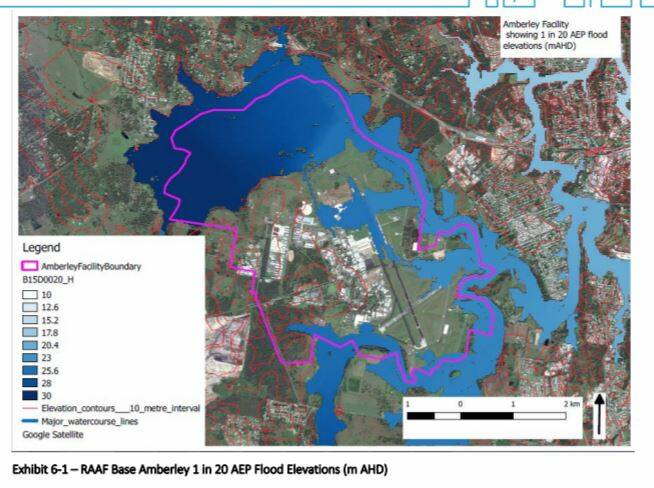 This map shows how RAAF Base Amberley is impacted by floodwaters from the Bremer River River and Warrill Creek.  Photo: 2018 PFAS Study Report