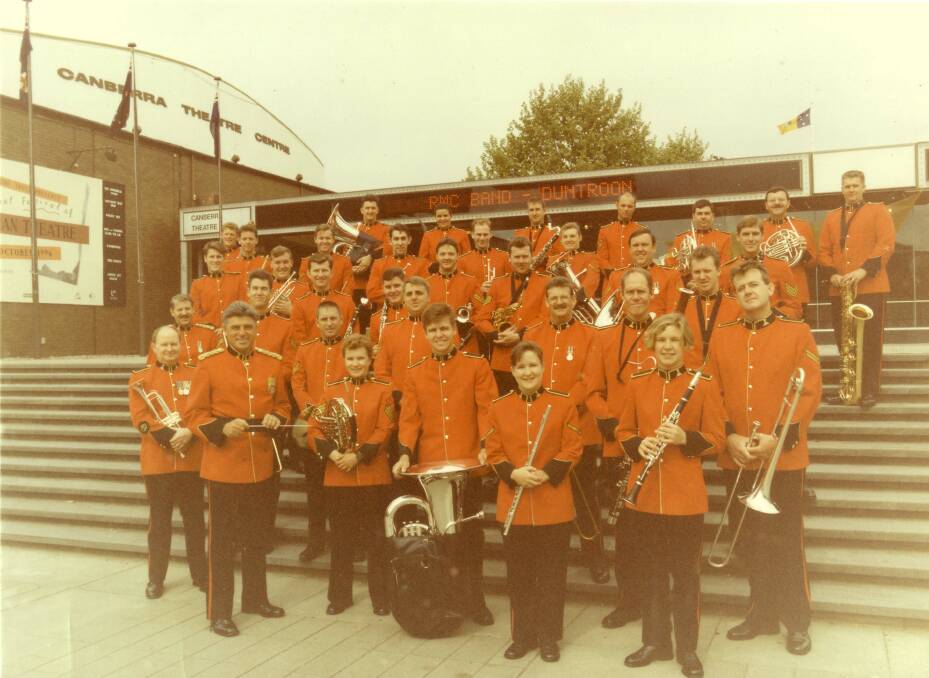 The 1994 RMC Band outside the Canberra Theatre Centre. Ian McLean is at the front left with baton.  Photo: Supplied